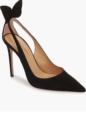 Aquazzura Black Suede Pointed Toe Slingback Pump with Bow Accent